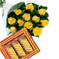 Diwali Gifts to Hyderabad with 1 kg Kaju Katli and 12 Yellow Roses Flowers in Hyderabad