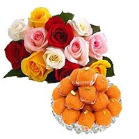Friendship Day Gift 1 kg MotiChoor Laddoo with 12 Mix Roses Bouquet in Hyderabad