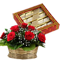 Order 500 gm Kaju Katli with Basket of 12 Red Roses in Hyderabad