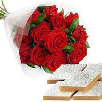 Friendship Day Gifts in Hyderabad. 12 Red Roses and 250 gm Kaju Burfi