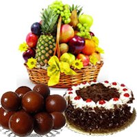 Send Diwali Gifts to Hyderabad including 1 Kg Fresh Fruits with 1 Kg Gulab jamun & 1 Kg Round Black Forest Cake in Hyderabad Online