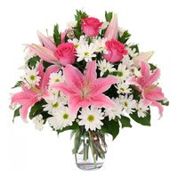 Send Diwali Flowers to Hyderabad with 2 White Lily 6 Pink Rose 10 White Gerbera Vase