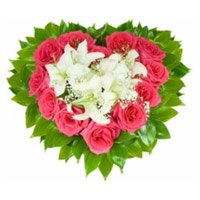 Send Rakhi with 5 White Lily 24 Pink Roses to Hyderabad in Heart Shape