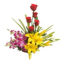 Place Online Order for Rakhi Flowers of 2 Yellow Lily 4 Orchids 5 Red Rose in Flower Basket in Hyderabad