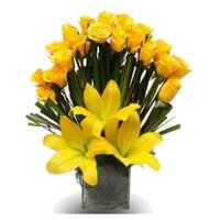 Same Day New Year Flowers to Vizag including 3 Yellow Lily 20 Roses Flowers in Vase