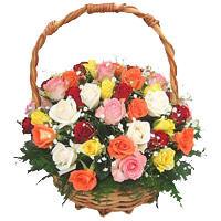 Send New Year Flowers in Tirupati encircled with Mixed Roses Basket 45 Flowers