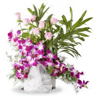 Diwali Flower in Hyderabad with Orchids n Roses Arrangement 16 Flowers