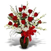 Friendship Day Flowers to Hyderabad with 5 White Orchids 12 Red Roses Vase