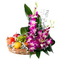 Online Diwali Flowers in Hyderabad. 5 Purple Orchids 2 Kg Fresh Fruits Basket