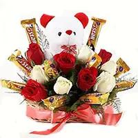 Flowers Delivery in Hyderabad that contains 36 Red White Roses 16 Pcs Ferrero Rocher Bouquet Hyderabad