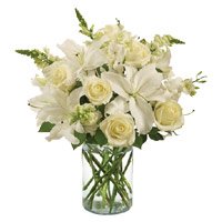 New Year Flowers to Hyderbaad. White Lily Roses in Vase of 14 Flowers in Hyderabad