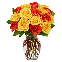 Yellow Red Roses Vase 15 Flowers in Hyderabad on New Year