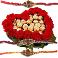 Deliver 24 Red Carnation Flowers with 24 Ferrero Rocher Chocolate and Rakhi Gifts to Hyderabad in Heart Arrangement