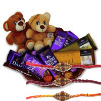 Buy Best Rakhi Gift in Hyderabad that includes Twin Teddy Chocolate Basket