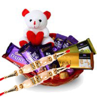 Online Delivery of Rakhi to Hyderabad with Dairy Milk, Silk, Temptation Chocolates to Hyderabad with 6 Inch Teddy Basket