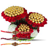 Send Online Rakhi to Hyderabad including 96 Pcs Ferrero Rocher 200 Red White Roses Bouquet