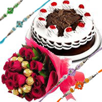 Order Rakhi in Hyderabad with 16 pcs Ferrero Rocher with 30 Red Roses Bouquet and 1/2 Kg Black Forest Cake in Hyderabad