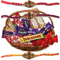 Online Order for Basket of Assorted Chocolate and 10 Red Roses and Rakhi Gifts in Hyderabad