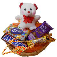Best Rakhi Gift Delivery in Hyderabad. 6 Inches Teddy with Basket of Chocolates