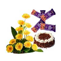 Best Arrangement of 12 yellow Gerbera with 5 Dairy Milk Silk(60 gm. each) and 1 kg Black Forest Christmas Cake in Hyderabad Online