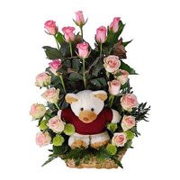 Online Valentine's Day Gifts to Hyderabad : Pink Roses with Teddy Basket to Secunderabad
