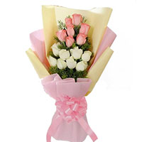 Online Diwali Order for Pink White Roses Bouquet 24 Flowers Hyderabad