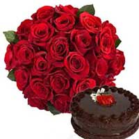 Deliver Diwali Gifts to Hyderabad. Order 24 Red Roses Bunch with 0.5 kg Chocolate Cake