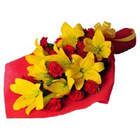Deliver on Friendship Day 4 Orange Lily 12 Red Carnation Flower Bouquet to Hyderabad Online