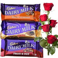 Send 4 Dairy Milk Silk Chocolates With 5 Red Roses Flower to Hyderabad Online for Friendship Day