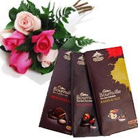 Place Order for 3 Bournville Chocolates With 6 Red Pink Online Roses and Friendship Day Gifts Delivery in Hyderabad
