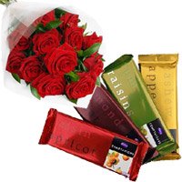 Friendship Day Gift in Hyderabad with 4 Cadbury Temptation Bars with 12 Red Roses Bunch