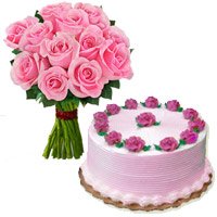 Same Day New Year Cake to Vijayawada send to 12 Pink Roses Bouquet and 1/2 Kg Strawberry Cake to Hyderabad