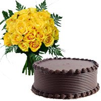 Send 1/2 Kg Chocolate Cake 18 Yellow Roses Bouquet Hyderabad for Diwali