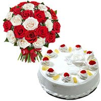 Deliver Online 1 Kg Pineapple Cake 24 Red White Roses Bouquet to Hyderabad for Diwali