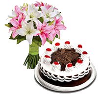 Get 6 Pink White Lily Stem 1/2 Kg Black Forest Cake Online in Hyderabad India