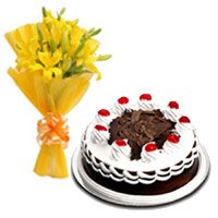 Online Diwali Flower Delivery in Hyderabad to send 3 Yellow Lily 1/2 Kg Black Forest Cake to Hyderabad