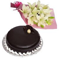 Send 6 White Lily Bouquet 1 Kg Chocolate Truffle Cake as Diwali Gifts to Hyderabad