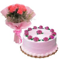 Gift Delivery on Friendship Day of 6 Pink Carnation 1/2 Kg Strawberry Cake to Hyderabad