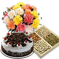 Order Online New Year Gifts in Vizag comprising of 12 Mix Carnation, 1/2 Kg Black Forest Cake and 1/2 Kg Dry Fruits