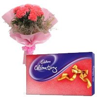Order for 6 Pink Carnation, Cadbury Celebration Pack Gifts to Hyderabad Online