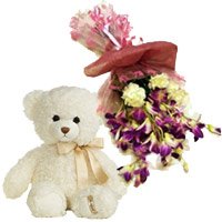 Send Online Friendship Day Flower to Hyderabad comprising of 6 Purple Orchids and 6 Yellow Carnations Bunch with 6 Inch Teddy