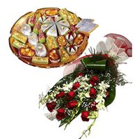 Place Order for Christmas Gifts to Hyderabad, 6 White Orchids 12 Red Roses Bunch 1 Kg Assorted Kaju Sweets Hyderabad