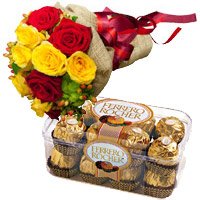 Online Delivery for 12 Red Yellow Roses Bunch 16 Pcs Ferrero Rocher Chocolates and Christmas Gifts in Hyderabad