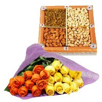 Friendship Day Flowers to Hyderabad to Send 24 Orange Yellow Roses Bunch 1/2 Kg Dry Fruits