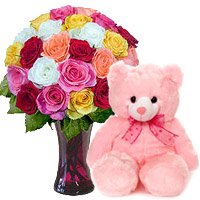 Get 24 Mix Roses Vase 6 Inch Teddy Bear Hyderabad. Diwali Flowers to Hyderabad