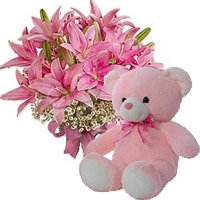 Diwali Flowers to hyderabad. 6 Oriental Pink Lily with 6 Inch Teddy Bear