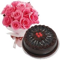 Deliver Online 12 Pink Roses 1 Kg Eggless Chocolate Cakes. Diwali Gifts to Hyderabad