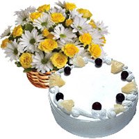 Diwali Flowers Delivery in Hyderabad. 30 White Gerbera Yellow Roses Basket Hyderabad and 1 Kg Eggless Pineapple Cake to Hyderabad