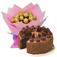 Send Online Diwali Cakes to Hyderabad including 16 Pcs Ferrero Rocher Bouquet with 1 Kg Chocolate Cake 5 Star Bakery