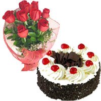 Online Delivery for 1 Kg Black Forest Cake and Friendship Day Gifts in Hyderabad with 12 Red Roses Bouquet